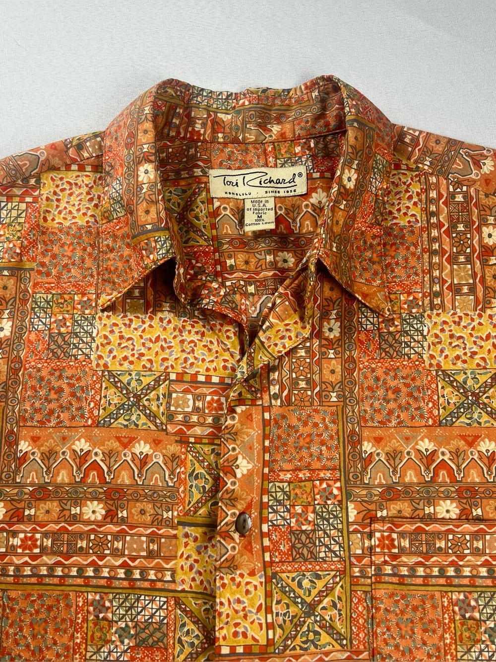 Tori Richard Orange Patchwork Geometric Print Button Shirt Batik Cotton Lawn